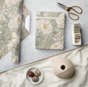 White Peonies Floral Sage Green Gold Elegant Wrapping Paper