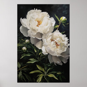 White Peonies Flower Art Print Poster
