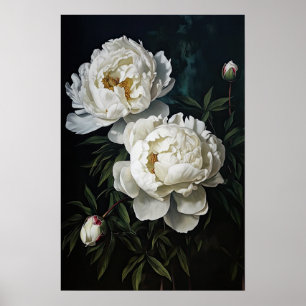 White Peonies Flower Art Print Poster