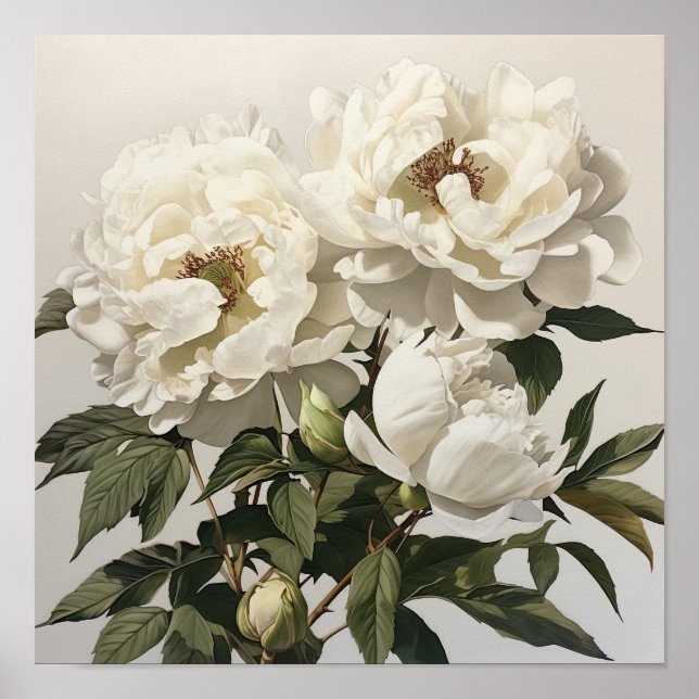 White Peonies Flower Art Print Poster (Front)