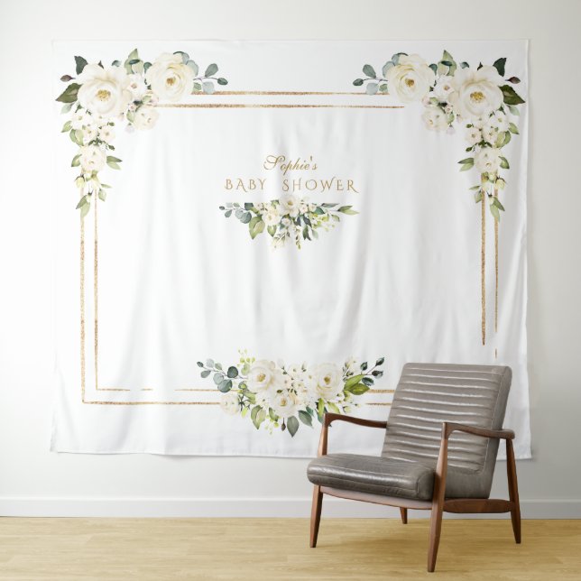 White Peonies Gold Photo Booth Baby Shower Tapestry (In Situ (Horizontal))