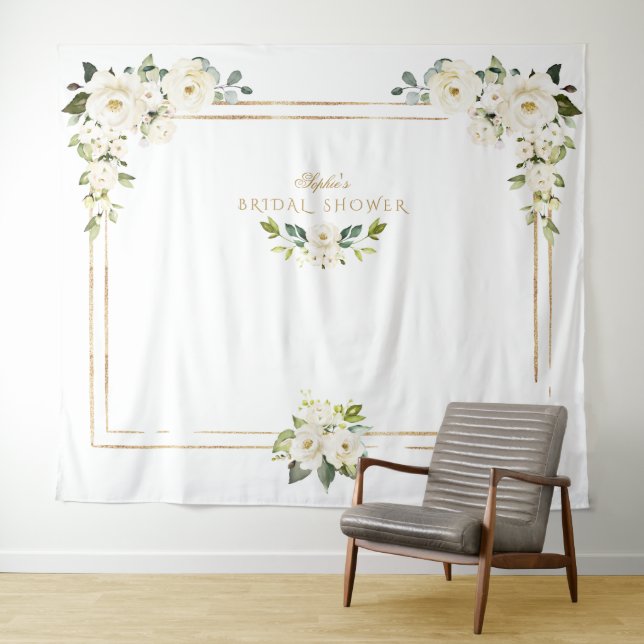 White Peonies Gold Photo Booth Bridal Shower Tapestry (In Situ (Horizontal))