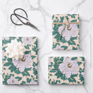 White Peonies & Green Leaves Wrapping Paper Sheet