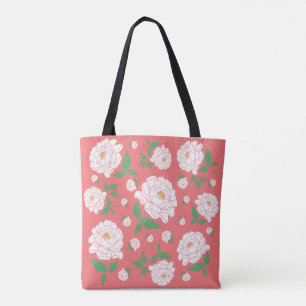 White Peonies Living Coral Background Tote Bag
