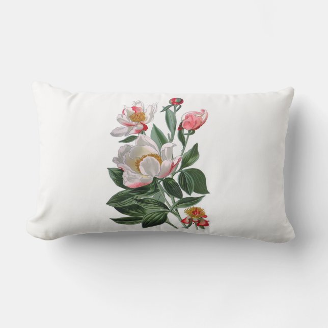 White Peonies Outdoor Fabric Lumbar Throw Pillow (Front)