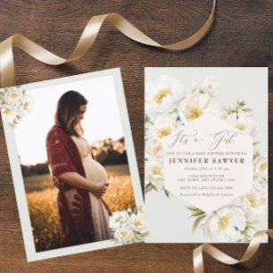 White Peonies   Photo Baby Shower Invitation