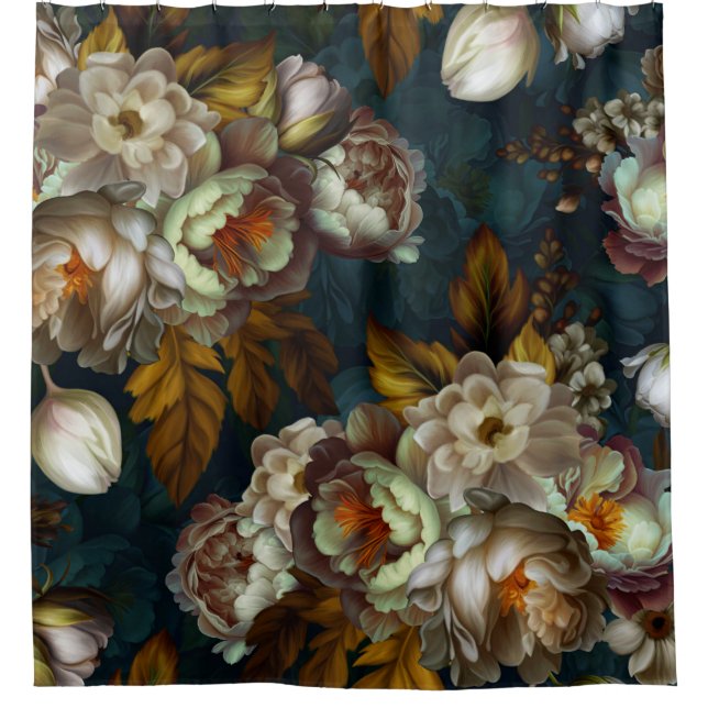 White Peonies Vintage Midnight Goth Garden Shower Curtain (Front)