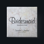 White Peonies Wedding Bridesmaid Nametag 15 Cm Square Badge<br><div class="desc">This beautiful name tag button is perfect for identifying key members of the wedding party at the bridal shower, rehearsal dinner, or wedding reception. It features modern black script lettering over a background of reflecting white peony flowers and hearts. The text is fully customisable and reads: Bridesmaid, with a place...</div>