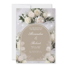 White Peony Arch Taupe Sparkle Wedding Invitation