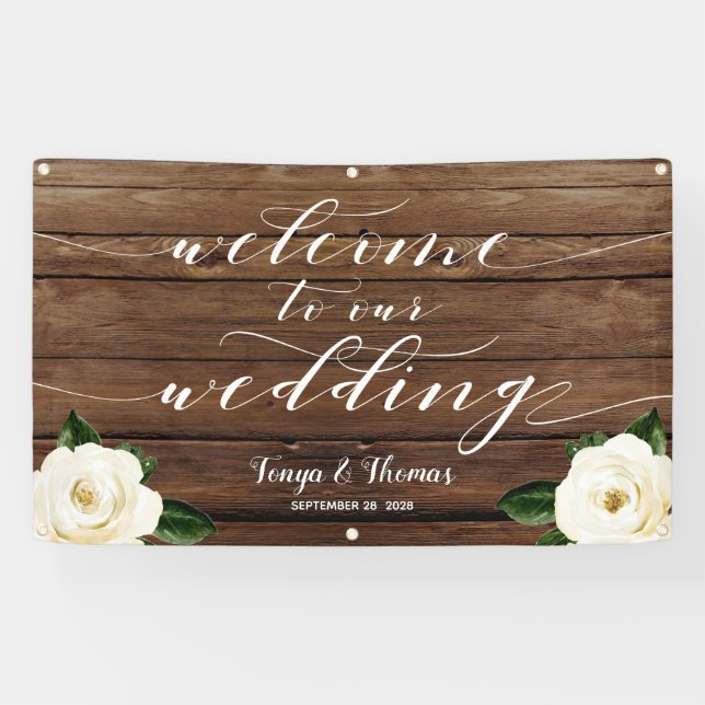 White Peony Calligraphy Wood Welcome Our Wedding Banner (Horizontal)