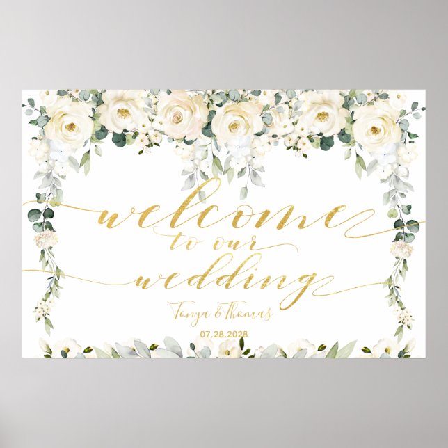 White Peony Epiphany Gold Calligraphy Welcome Poster (Front)