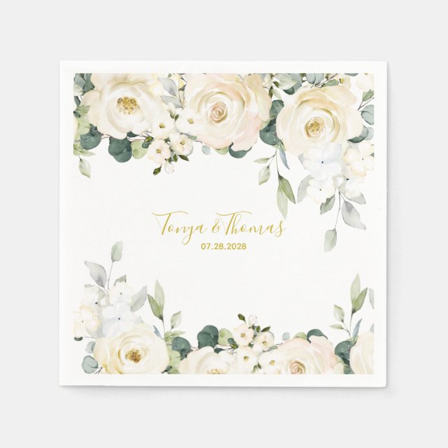 White Peony Epiphany Wedding Cocktail Napkin (Front)