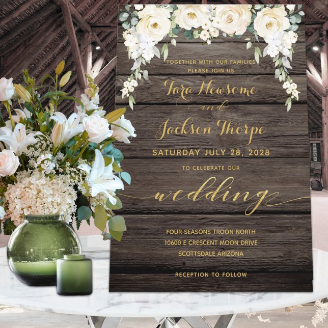 White Peony Epiphany Wedding Rustic Barn Board Invitation (Creator Uploaded)