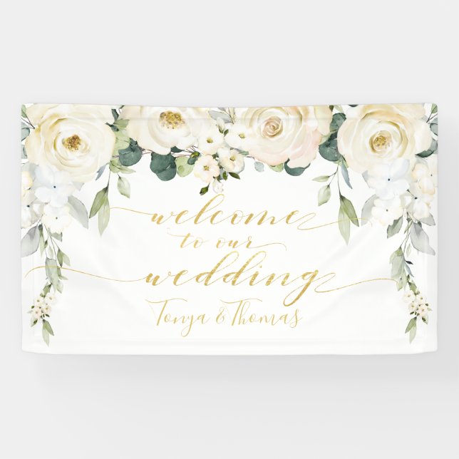 White Peony Fancy Gold Calligraphy Welcome Banner (Horizontal)