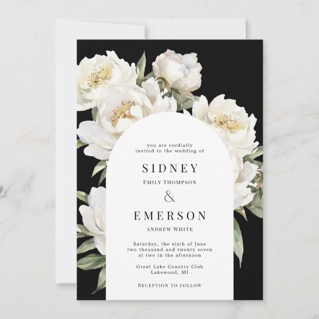 White Peony Floral Black Wedding Arch Invitation (Front)
