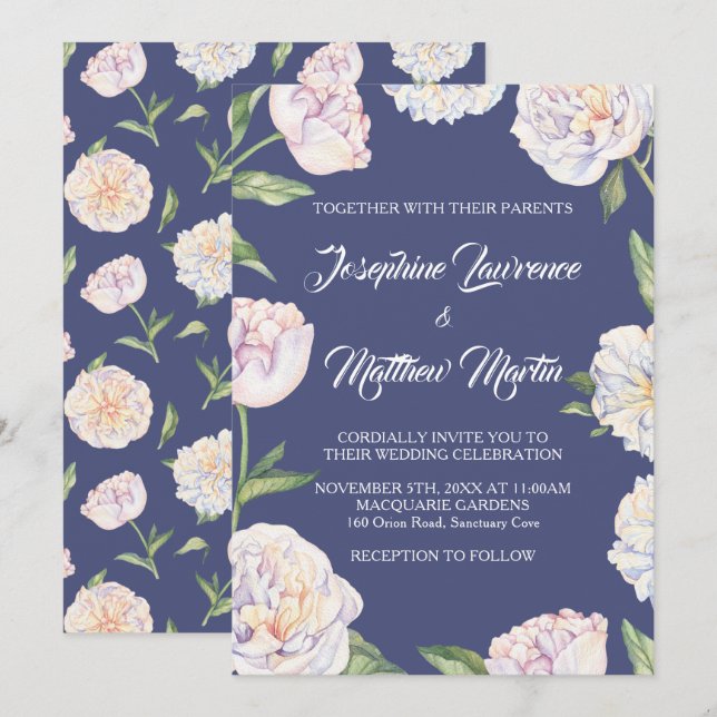White Peony Floral Blue Wedding Invitations (Front/Back)