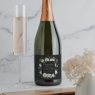 White Peony Floral Frame "Cheers to Love" Wedding Sparkling Wine Label
