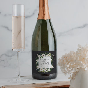 White Peony Floral Frame "Cheers to Love" Wedding Sparkling Wine Label