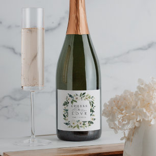 White Peony Floral Frame "Cheers to Love" Wedding Sparkling Wine Label