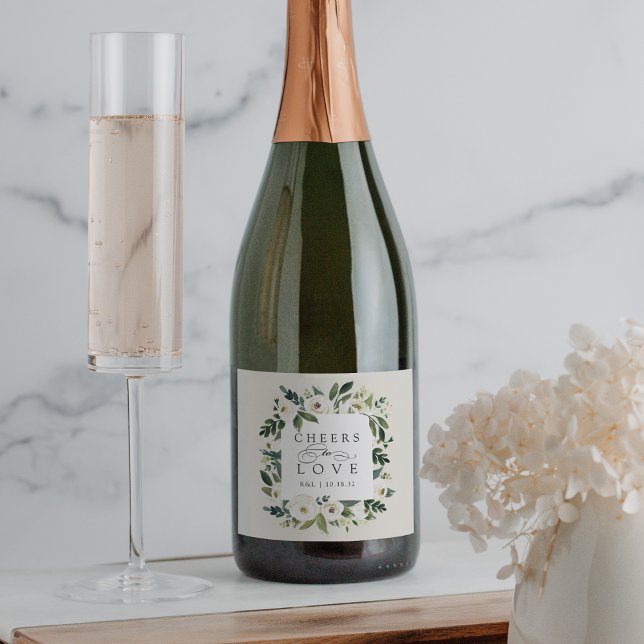 White Peony Floral Frame "Cheers to Love" Wedding Sparkling Wine Label (Creator Uploaded)