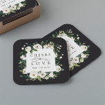White Peony Floral Frame "Cheers to Love" Wedding Square Paper Coaster<br><div class="desc">Our White Peony watercolor floral wedding collection features delicately painted watercolor greenery,  green botanical foliage and white and ivory peony flowers. "Cheers to love" appears in classic lettering with calligraphy script accents. Personalise these cocktail napkins with your initials and wedding date,  or your choice of custom text.</div>