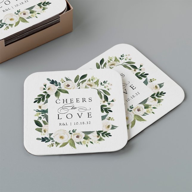 White Peony Floral Frame "Cheers to Love" Wedding Square Paper Coaster (Creator Uploaded)