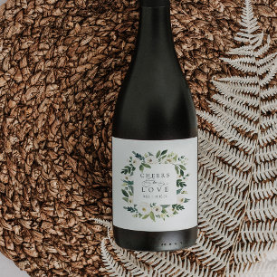 White Peony Floral Frame "Cheers to Love" Wedding Wine Label