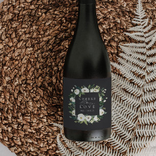 White Peony Floral Frame "Cheers to Love" Wedding Wine Label