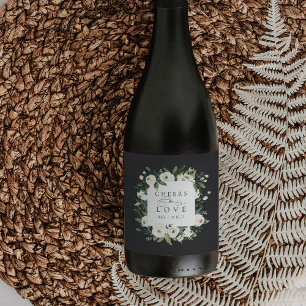 White Peony Floral Frame "Cheers to Love" Wedding Wine Label