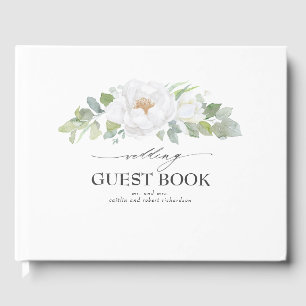 White Peony Floral Greenery Wedding Guest Book