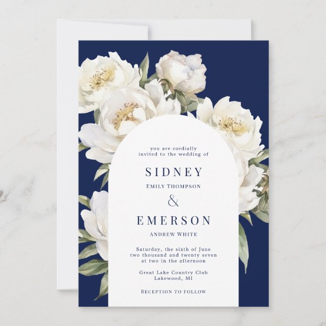 White Peony Floral Navy Wedding Arch Invitation (Front)