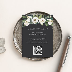 White Peony Floral QR Code Wedding RSVP Enclosure Card