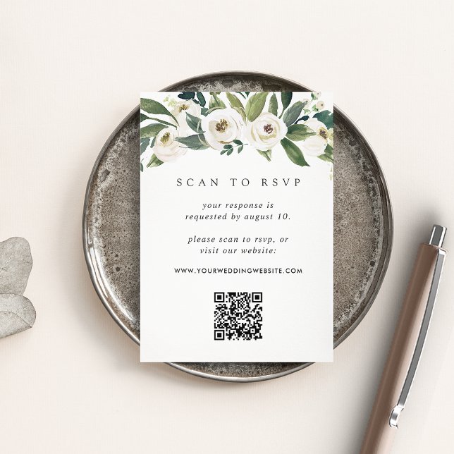 White Peony | Floral QR Code Wedding RSVP Enclosure Card (Creator Uploaded)