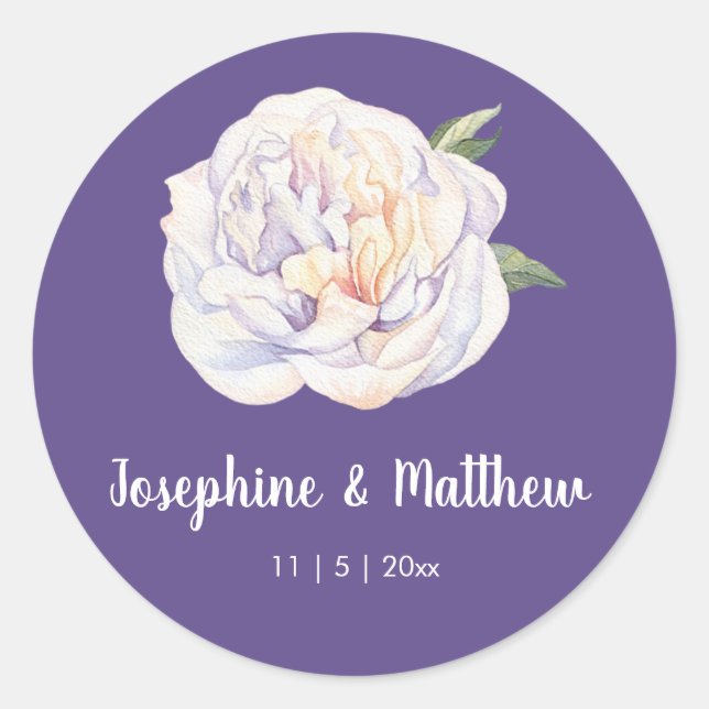 White Peony Floral Violet Purple Wedding Stickers (Front)