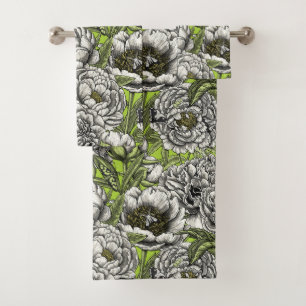 White peony flowers and moths bath towel set