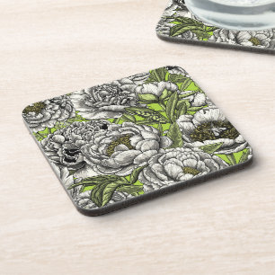 White peony flowers and moths coaster
