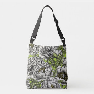 White peony flowers and moths crossbody bag
