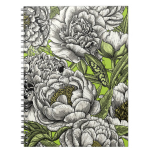 White peony flowers and moths notebook