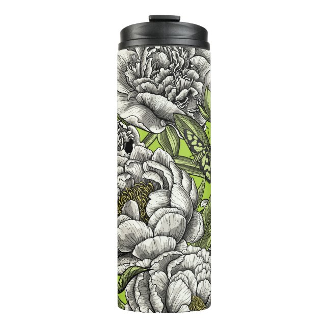 White peony flowers and moths thermal tumbler (Front)