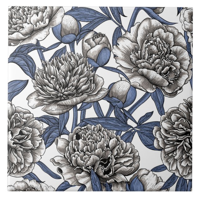 White peony flowers ceramic tile (Front)