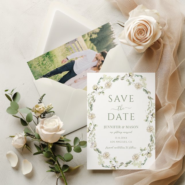 White Peony Flowers Eucalyptus Save The Date Photo Invitation (Creator Uploaded)