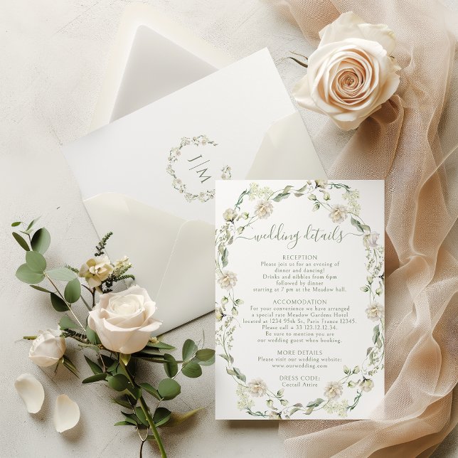 White Peony Flowers Greenery Wedding Details Card (Creator Uploaded)