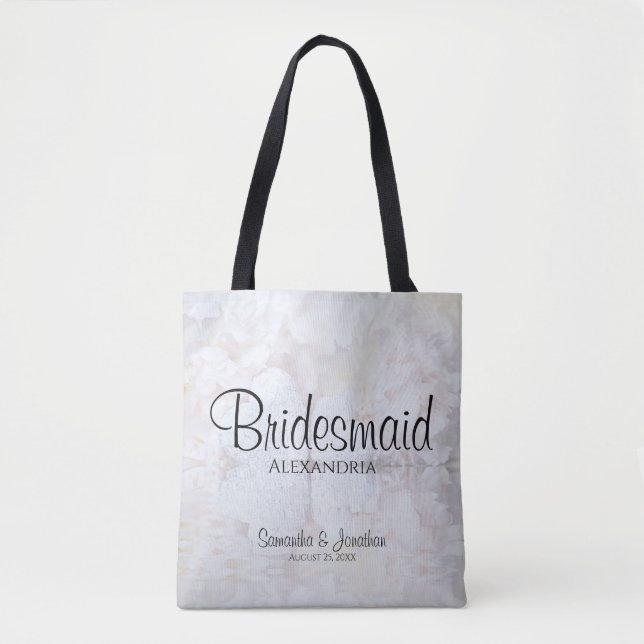 White Peony Flowers & Hearts Bridesmaid Wedding Tote Bag (Front)