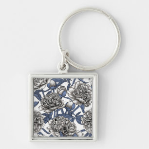 White peony flowers key ring