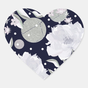 White peony flowers on dark blue. heart sticker