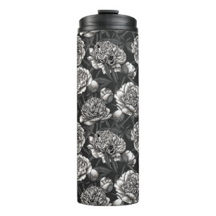 White peony flowers on dark gray thermal tumbler