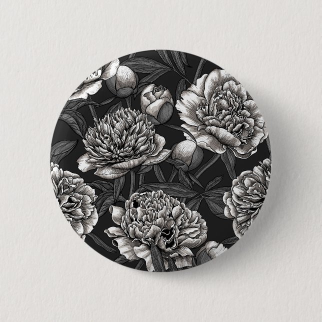 White peony flowers on dark grey 6 cm round badge (Front)