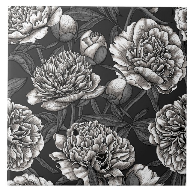 White peony flowers on dark grey ceramic tile (Front)