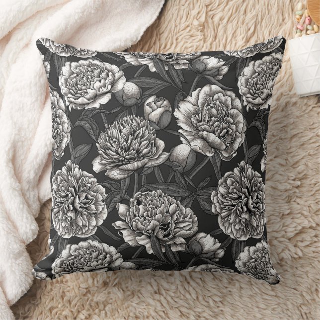 White peony flowers on dark grey cushion (Blanket)