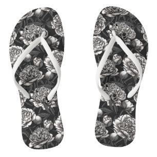 White peony flowers on dark grey thongs